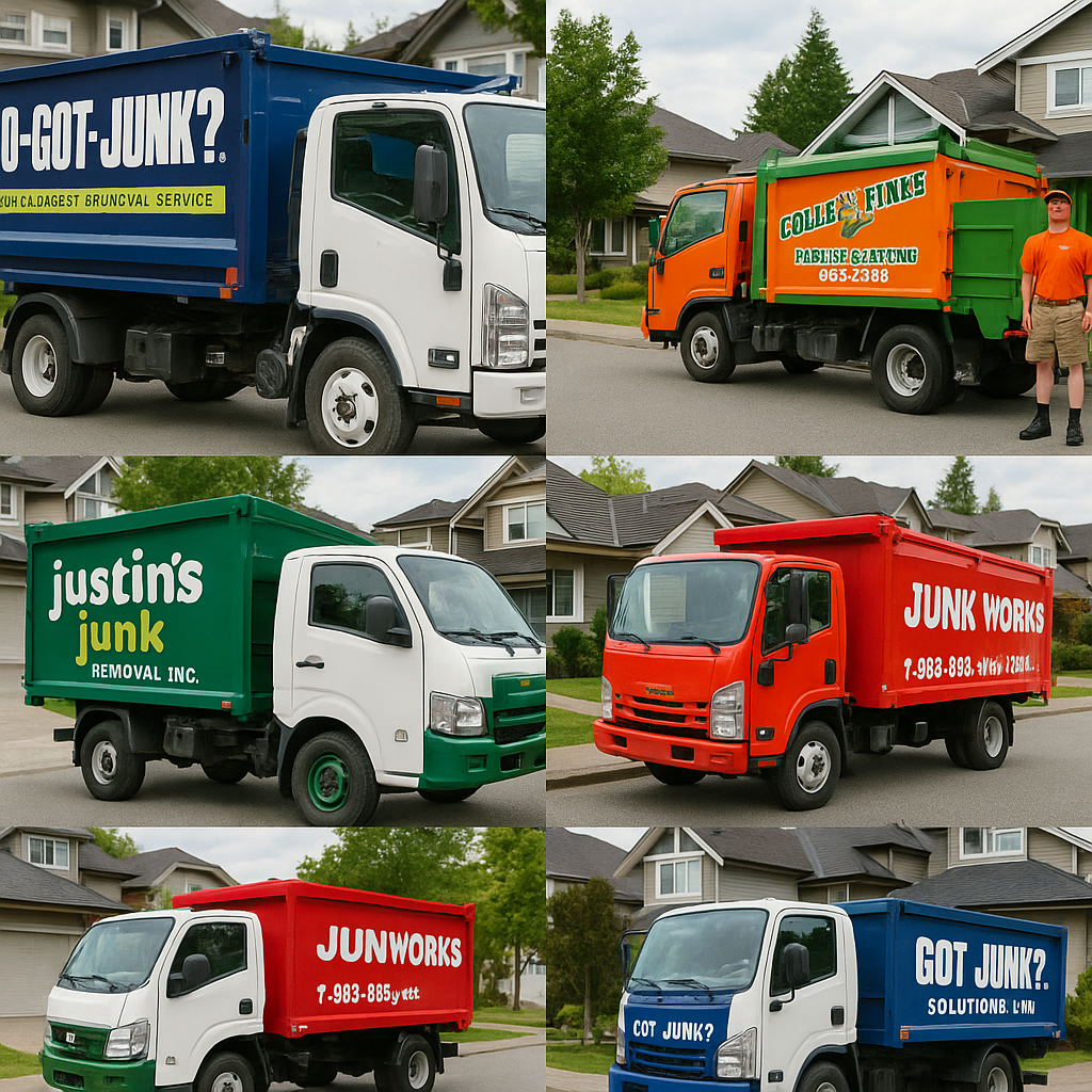 Various branded junk removal trucks from top Langley companies with uniformed staff standing beside them