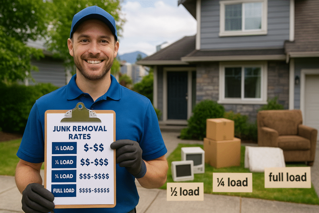 Visual breakdown of junk removal pricing in front of a Coquitlam home with example junk piles
