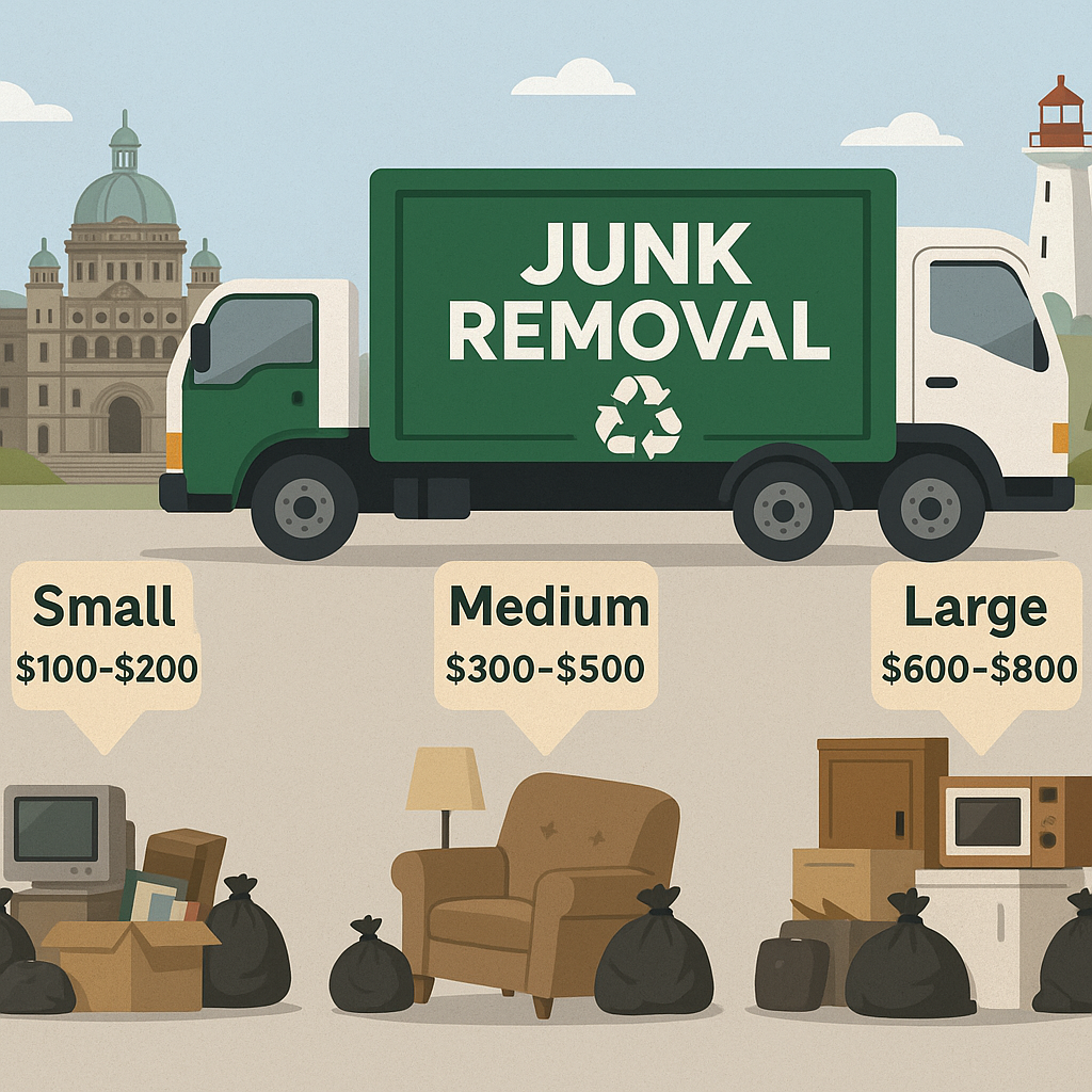 Visual comparison of junk removal cost tiers in Victoria BC with illustrative truck loads