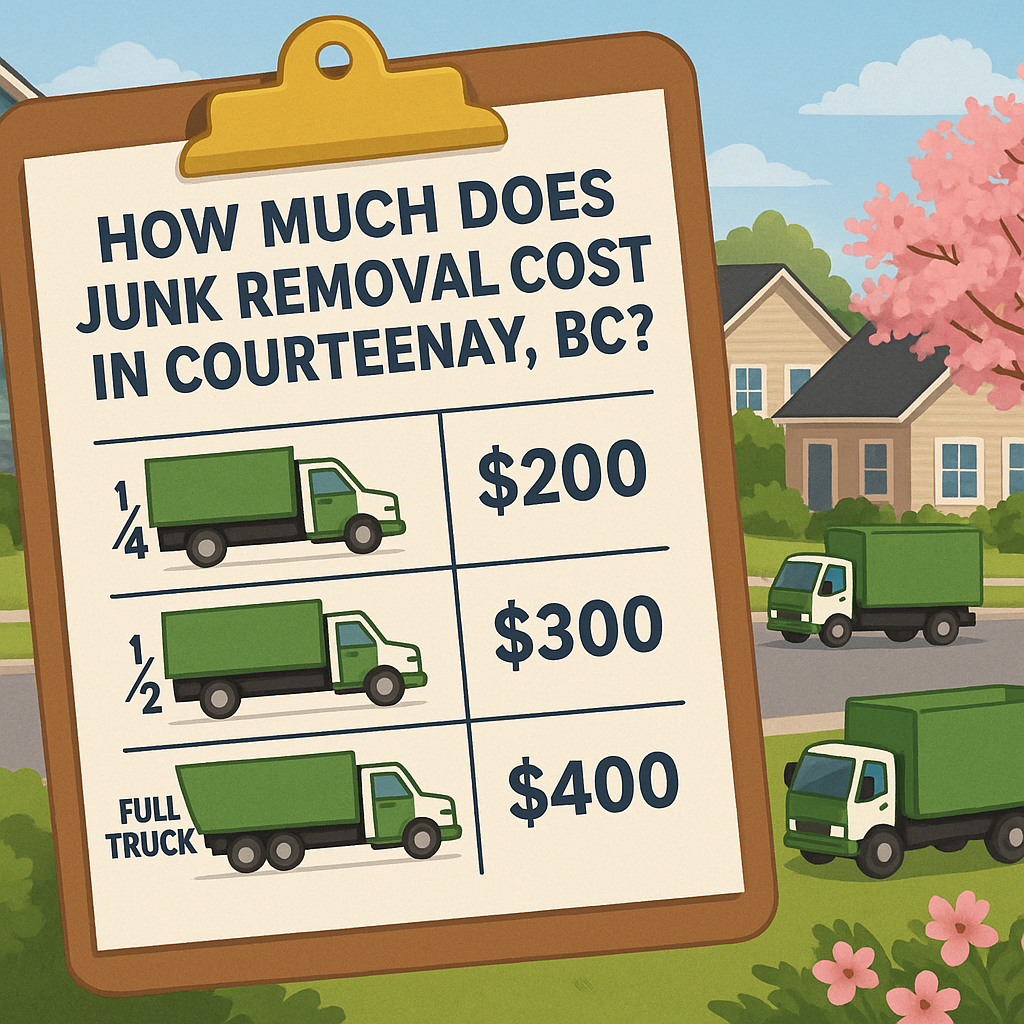 Visual price chart comparing junk removal costs in Courtenay with local homes and trucks in background