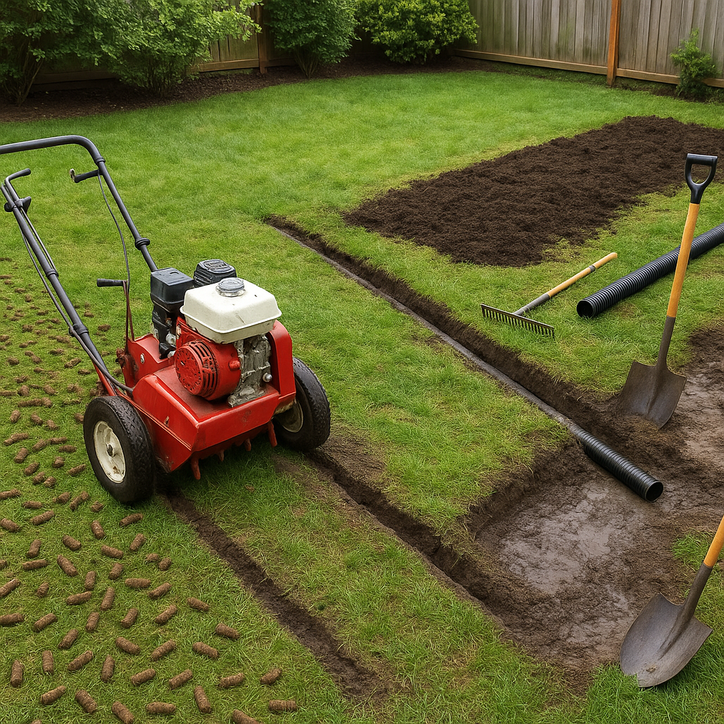 A BC homeowner improving lawn drainage with aeration and compost near waterlogged zones