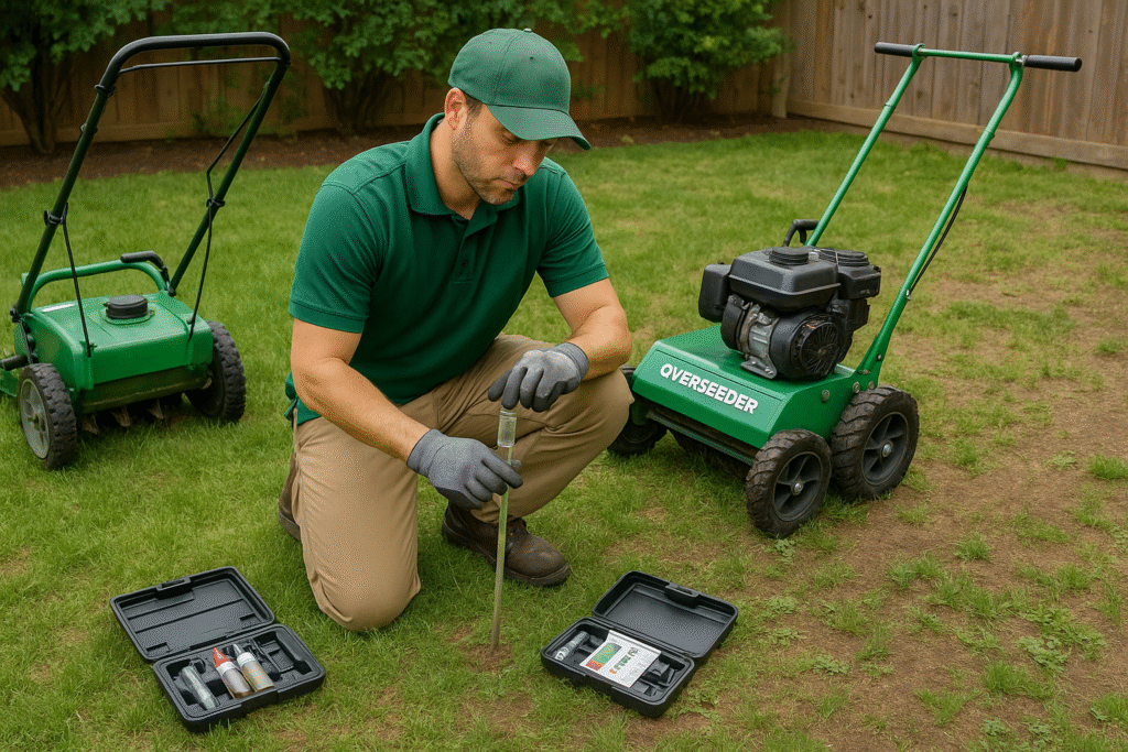 Why Your DIY Lawn Looks Patchy (And How Pros Fix It) π± 2 A lawn care professional in BC assessing a patchy yard with tools for aeration soil testing and overseeding