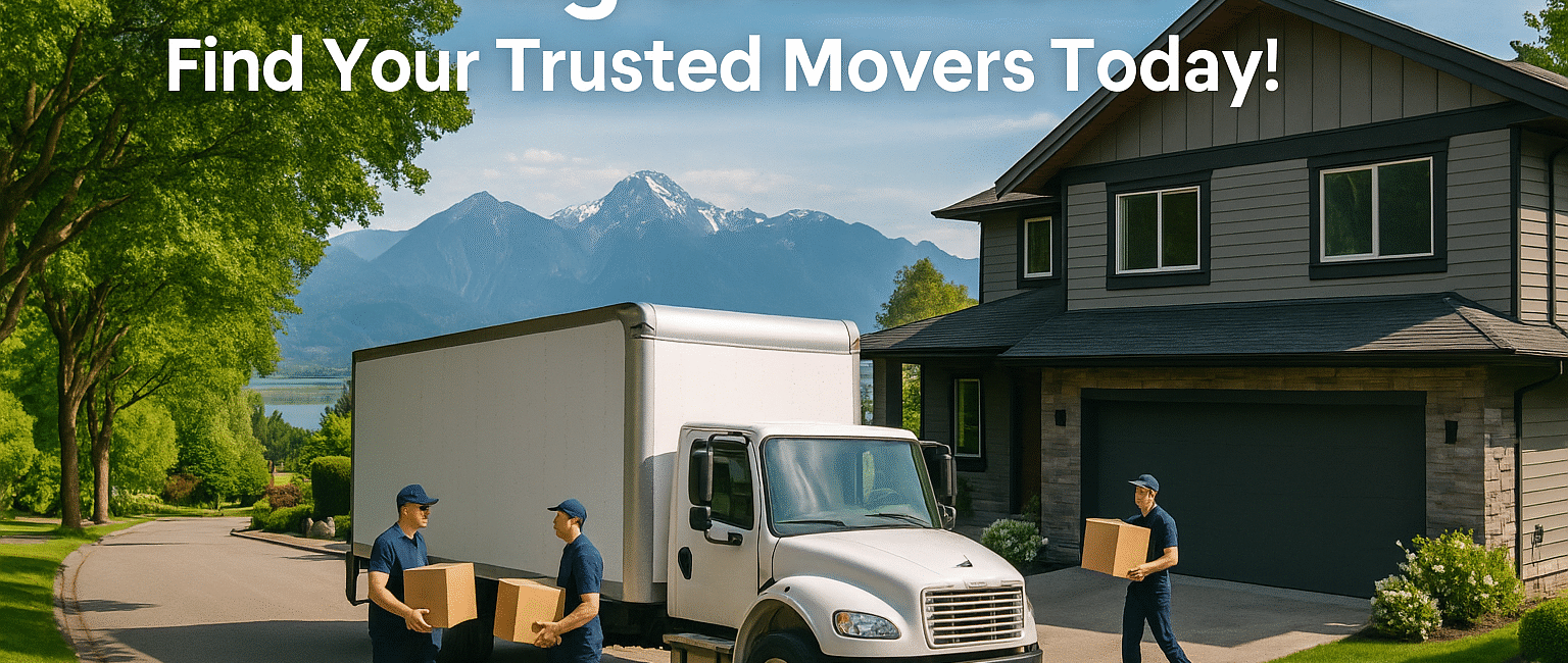 A moving truck parked outside a family home in Mission, BC, with green surroundings and mountains in the distance—symbolizing a well-organized, local move