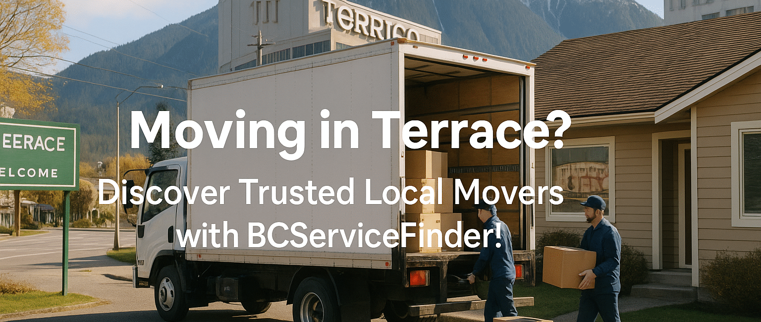 A professional moving truck outside a home in Terrace, BC, with Skeena Mountains in the distance and movers unloading boxes