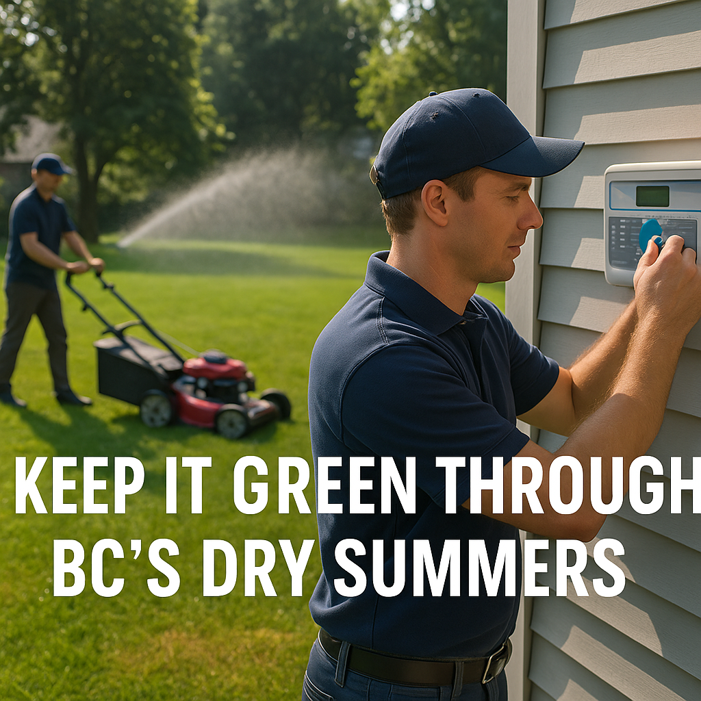 A technician adjusting an irrigation system while another mows a healthy summer lawn in British Columbia