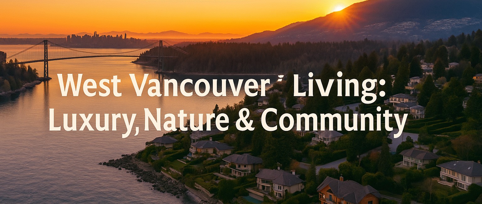 Aerial view of West Vancouver at sunset, showing coastal homes, Lions Gate Bridge, and Cypress Mountain.