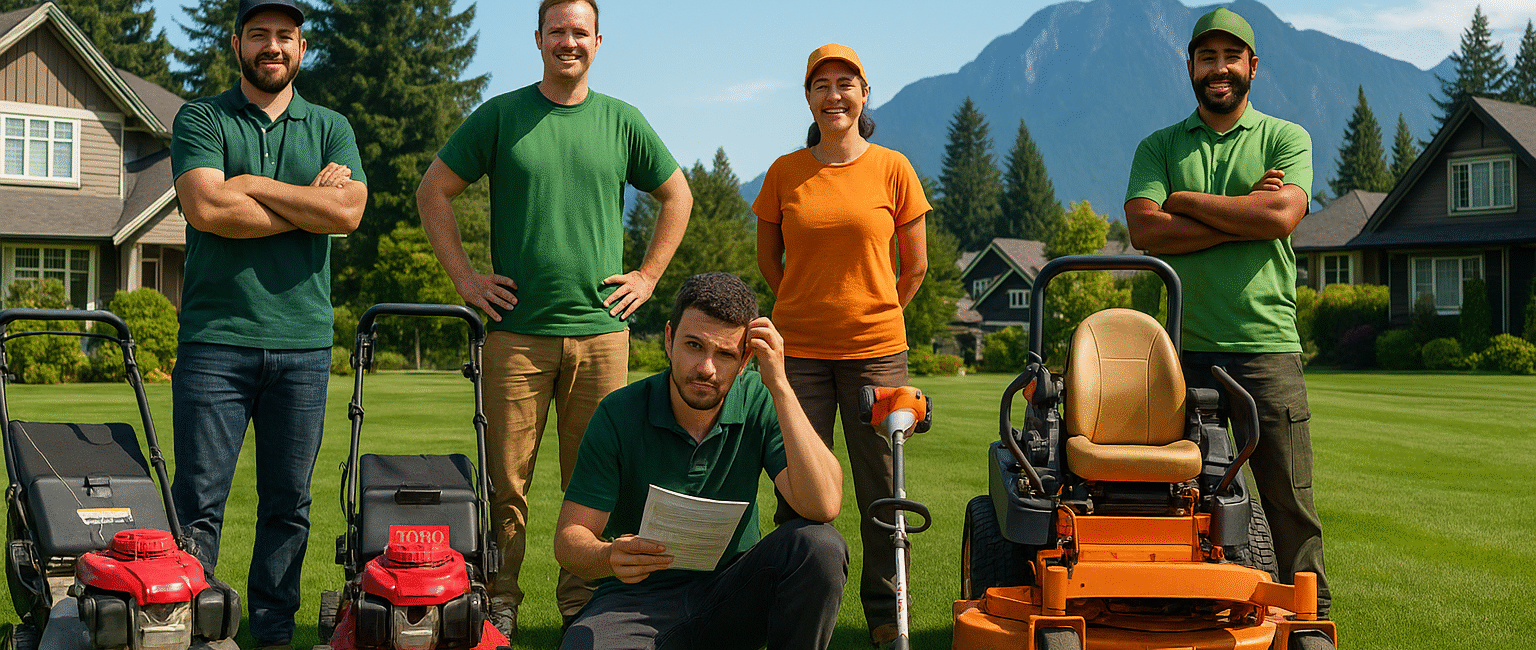 BC professional landscapers posing with their most trusted lawn mowers on a green lawn with mountains and homes in the background