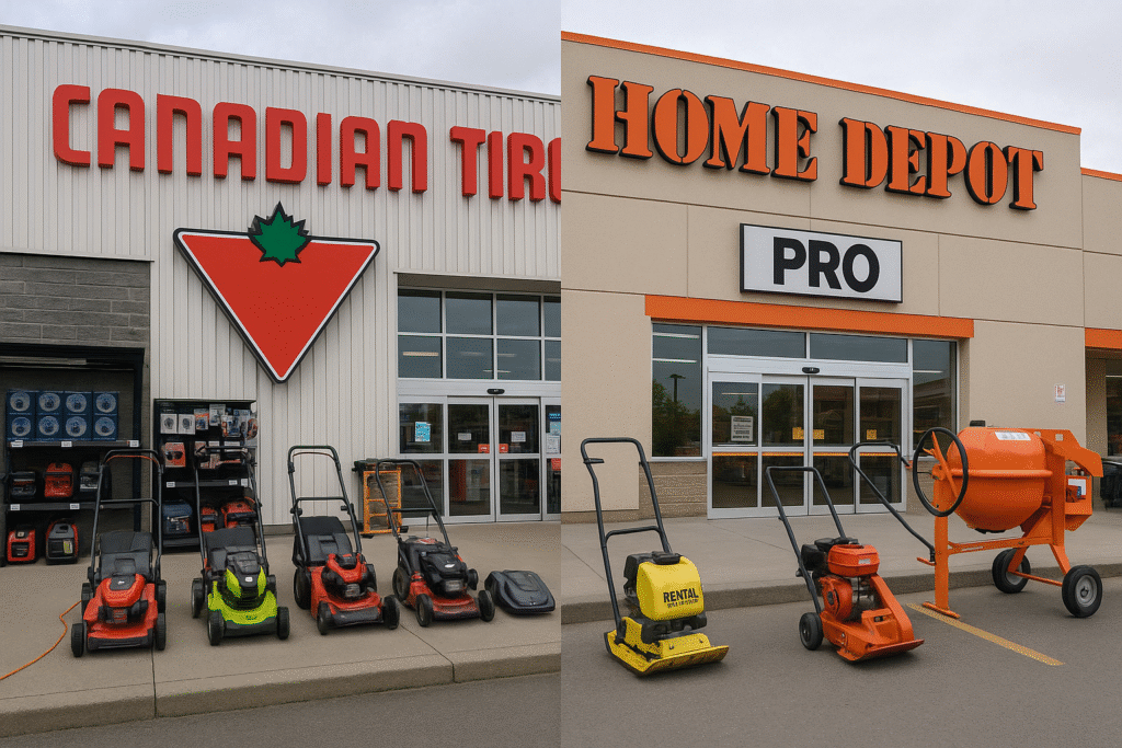 Canadian Tire and Home Depot store fronts with lawn mowers and equipment in BC