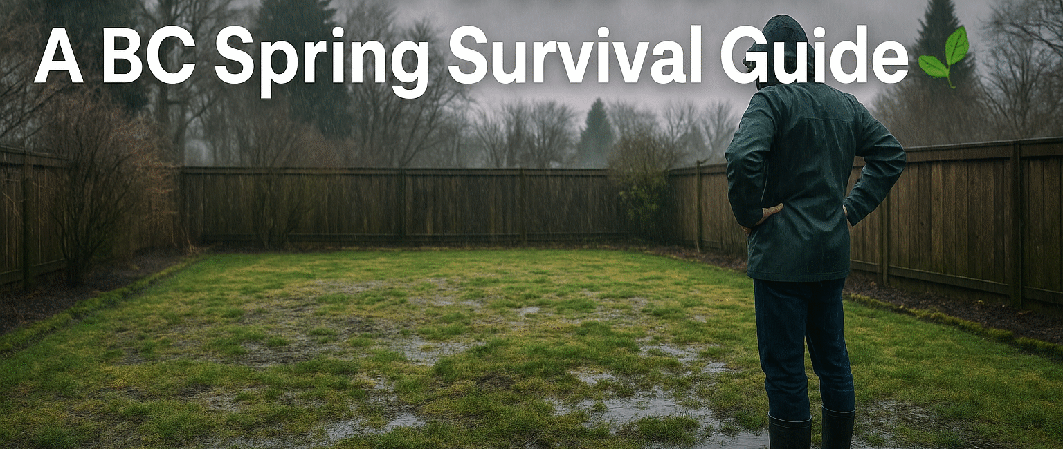 A rain-soaked lawn in BC with patchy grass and moss, and a homeowner inspecting the damage on a cloudy spring day