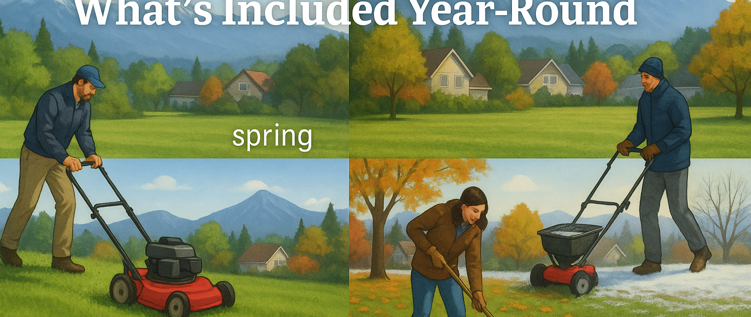 A four-panel landscape image depicting seasonal lawn care activities in British Columbia, with each quadrant representing spring, summer, fall, and winter maintenance tasks.