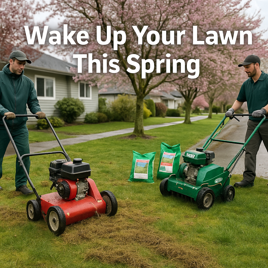 A lawn care professional dethatching and aerating a residential lawn in springtime British Columbia with blooming trees in the background.
