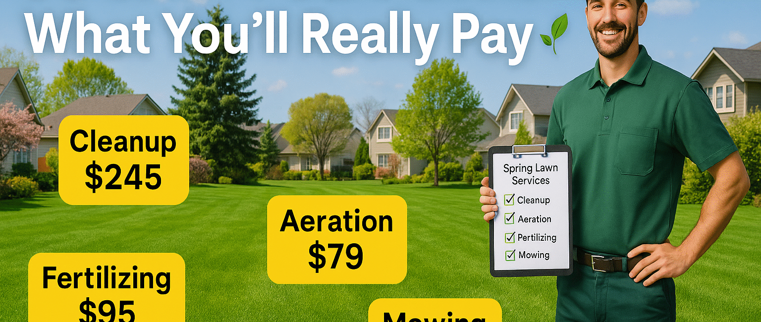 A lush BC lawn with pricing tags for various spring lawn services and a professional explaining options to a homeowner.