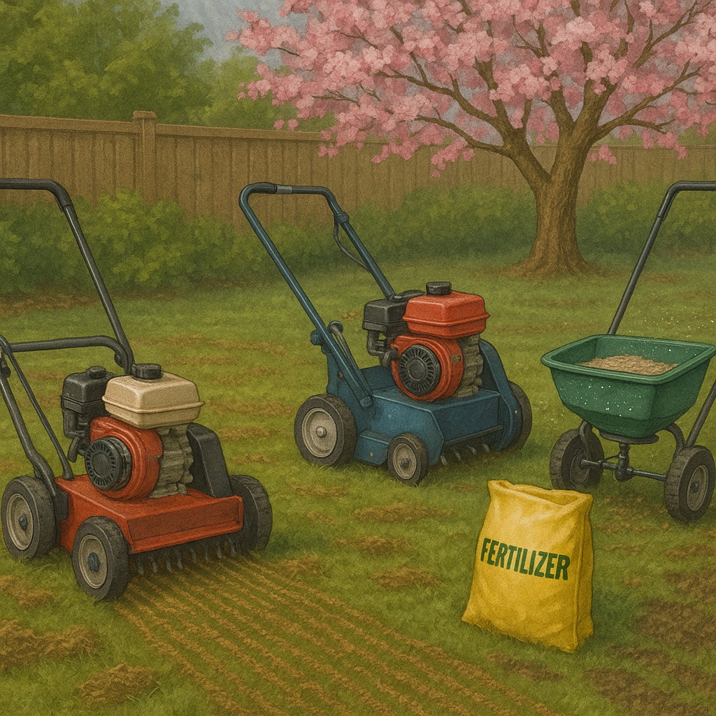 Spring lawn maintenance in BC with power raking, aeration, fertilization, and overseeding being performed.