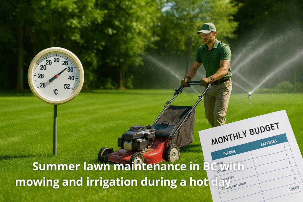 Summer lawn maintenance in BC with mowing and irrigation during a hot day.