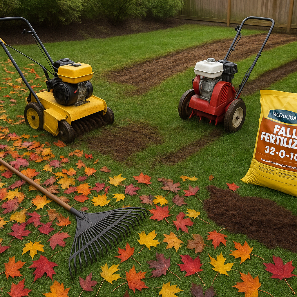 Fall lawn care scene in BC showing leaf removal, dethatching, and fertilizer application.