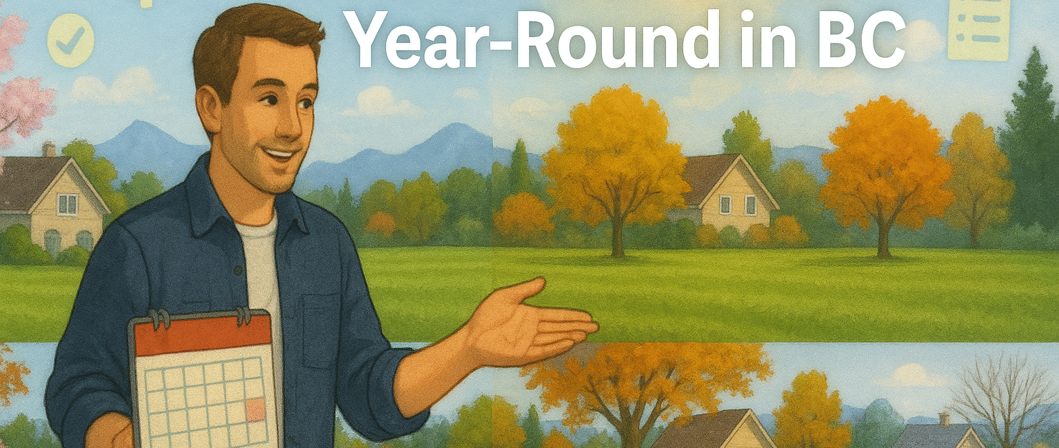 A homeowner planning lawn care with a seasonal calendar, highlighting a healthy lawn in all four seasons in a typical BC residential neighborhood.