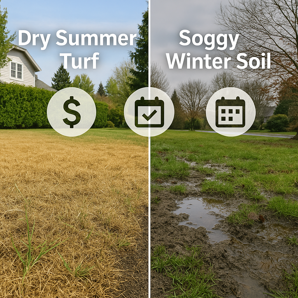 A split-scene showing BC lawn care challenges—dry summer and wet winter—highlighting the need for year-round planning.