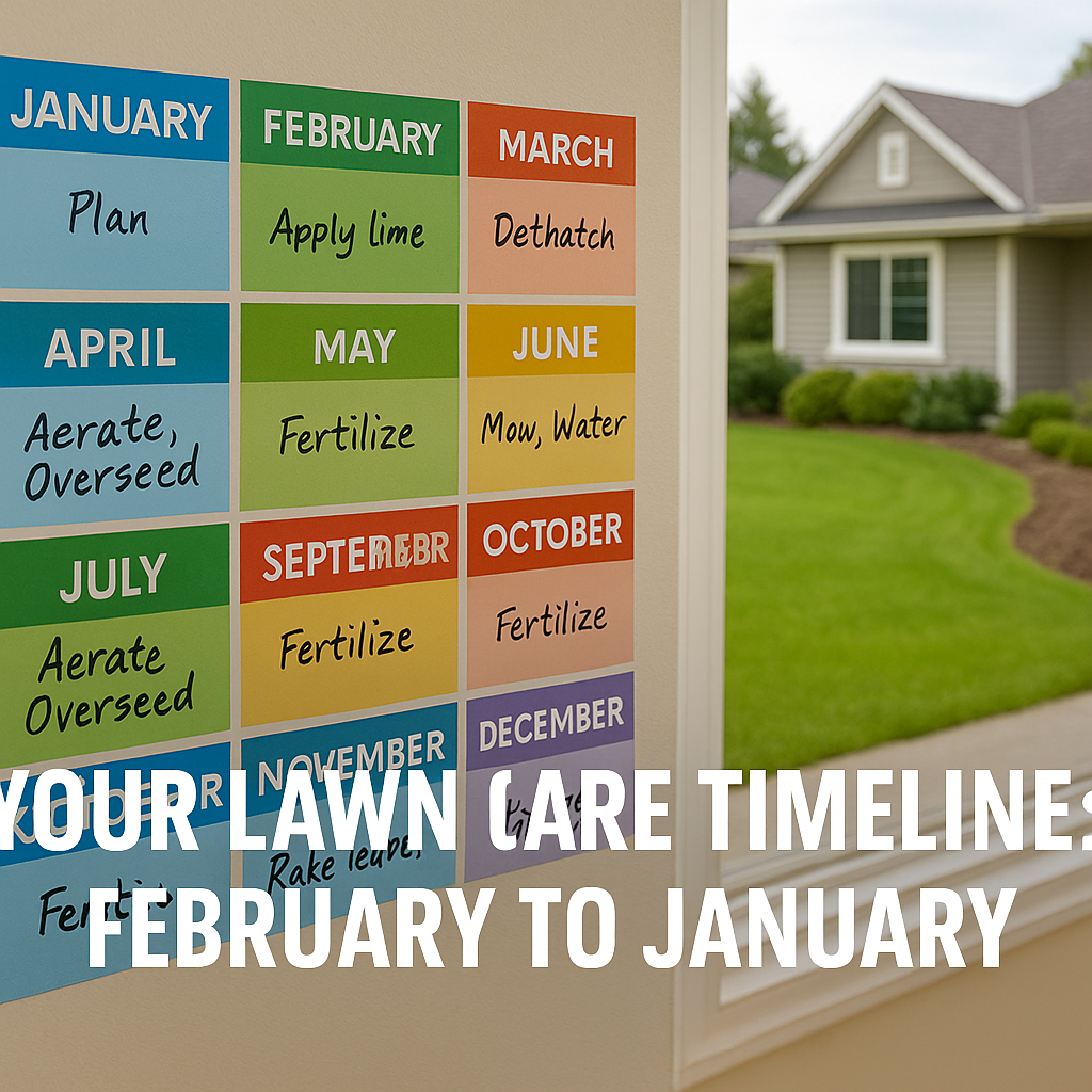 A month-by-month wall calendar outlining typical lawn care tasks for each season in BC.