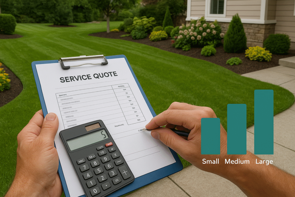 A homeowner budgeting lawn care expenses with a visible cost breakdown for small to large properties in British Columbia.