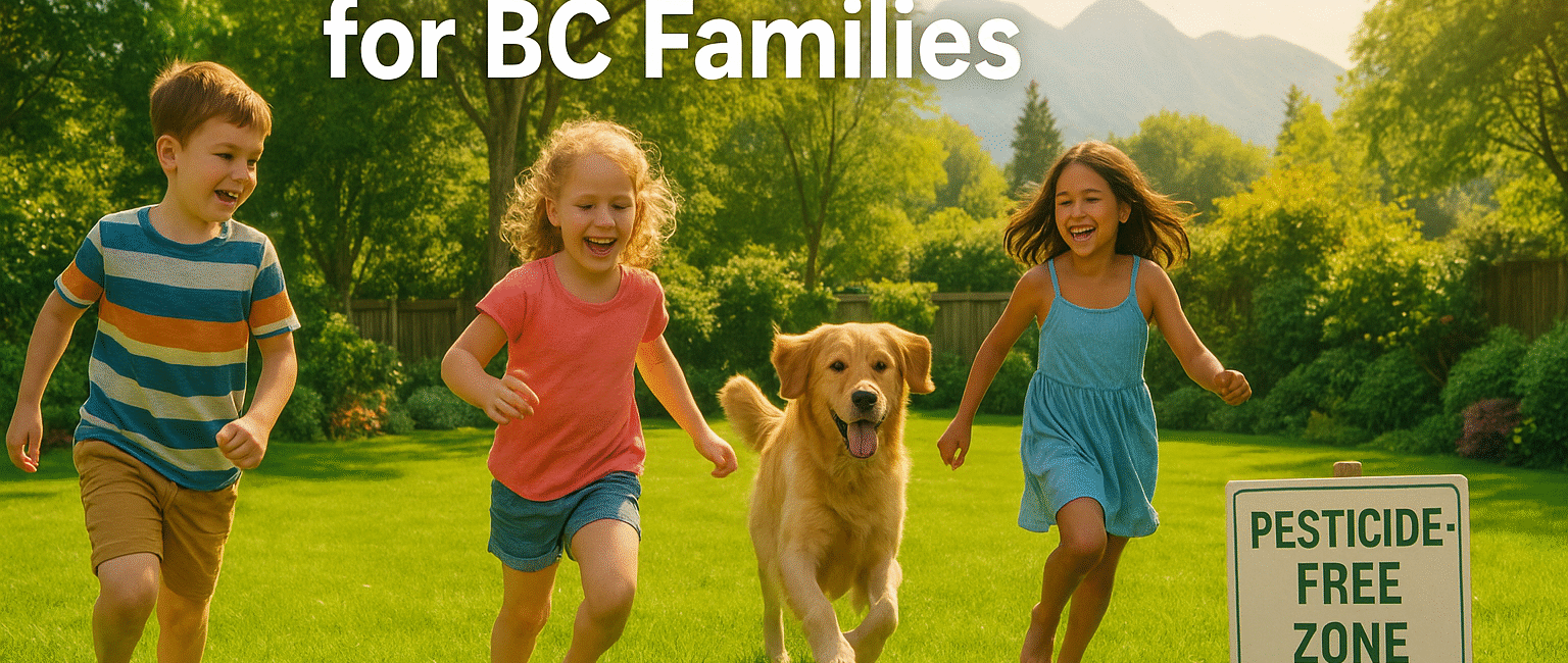 Children and a dog playing on a lush pesticide-free lawn in British Columbia, representing a healthy and safe environment for families.