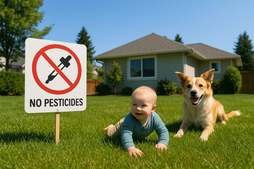 Summer Lawn Safety for Kids and Pets in BC Homes: Your Complete Guide to Pesticide-Free Lawn Care ๐ฑ 1 A pesticide-free British Columbia lawn with a toddler and pet enjoying the grass safely under a clear blue sky.