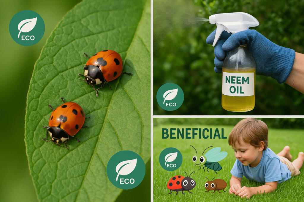 Summer Lawn Safety for Kids and Pets in BC Homes: Your Complete Guide to Pesticide-Free Lawn Care ๐ฑ 3 A natural pest control toolkit featuring safe alternatives like ladybugs and neem oil used on a BC lawn.