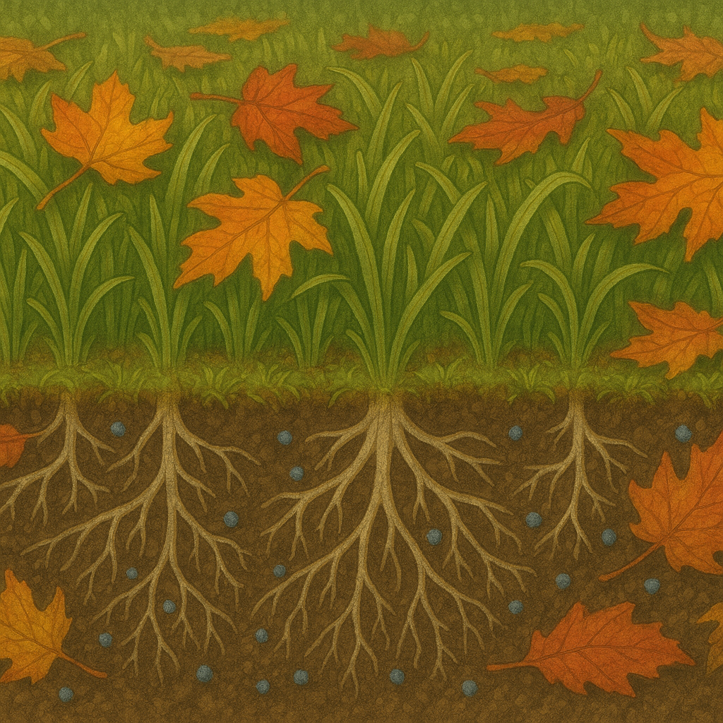 The Best Fall Fertilizer Formula for BC Turfgrass π 1 Illustration showing how fall fertilizer supports root development in BC lawns during seasonal transition.
