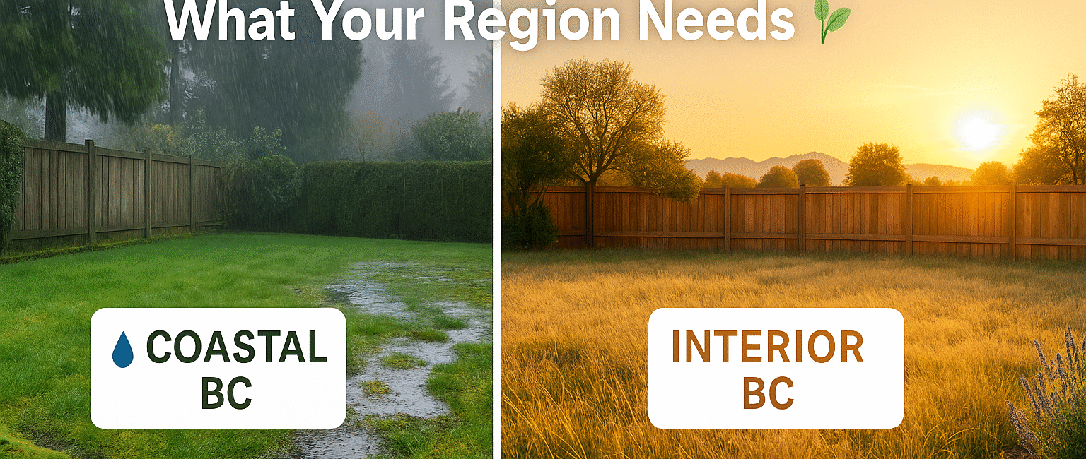 Side-by-side comparison of Coastal and Interior BC lawns showing regional climate challenges and appropriate lawn care strategies.