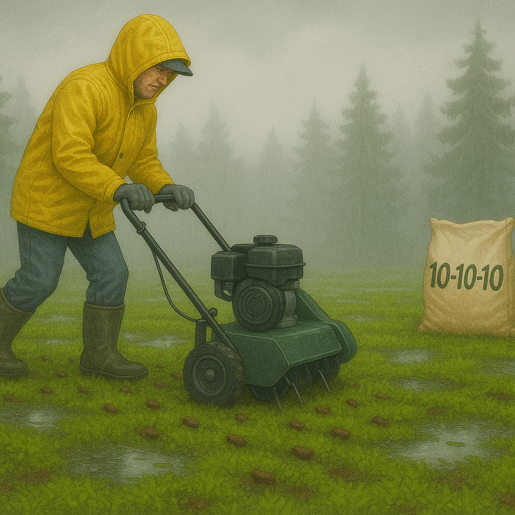 πΏ The Ultimate Guide to BC Lawn Care: Coastal vs Interior Climate Differences That Every Homeowner Needs to Know 1 Typical Coastal BC lawn showing moss and wet soil, being aerated and fertilized in mild, damp conditions.