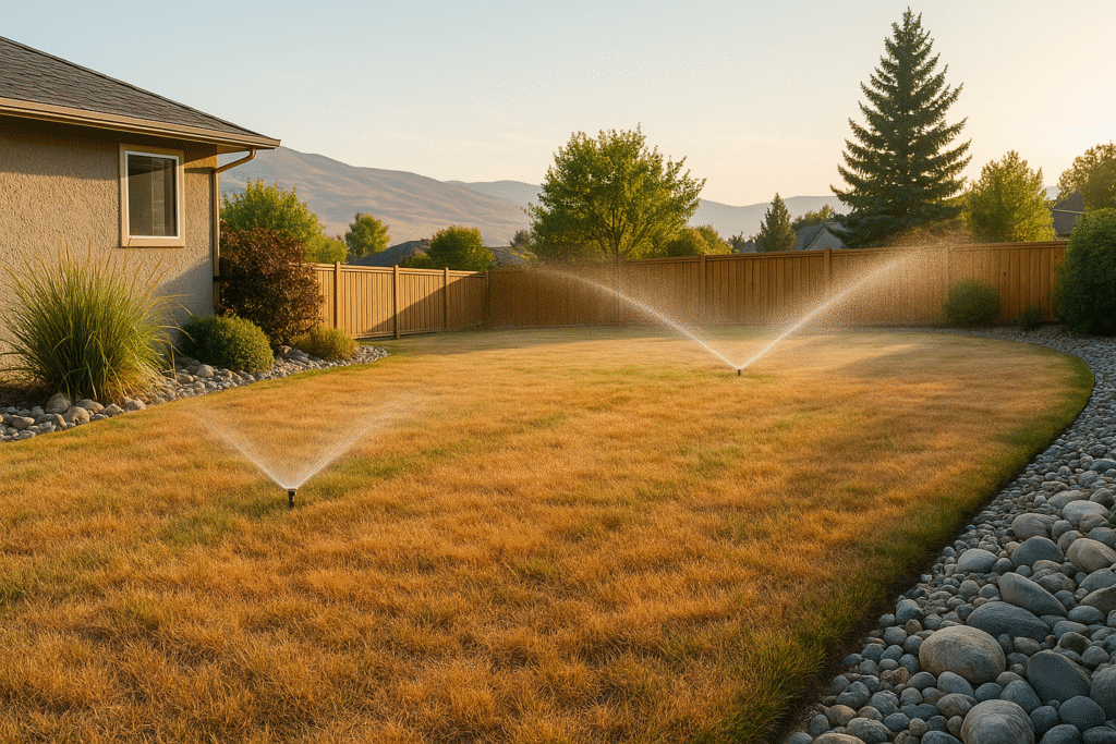 πΏ The Ultimate Guide to BC Lawn Care: Coastal vs Interior Climate Differences That Every Homeowner Needs to Know 2 Interior BC lawn with irrigation system managing heat stress during dry, sunny summer days.