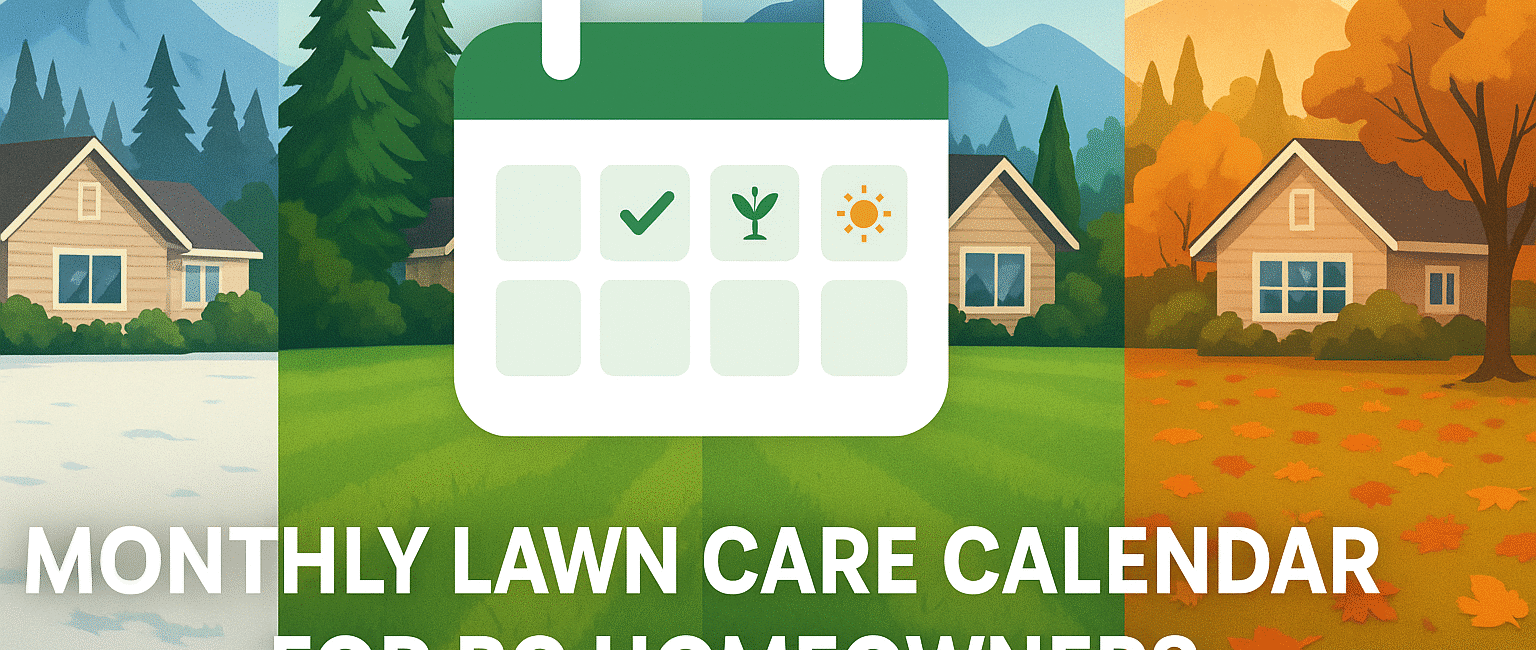 A four-season overview of a British Columbia residential lawn, overlaid with a monthly lawn care calendar graphic.