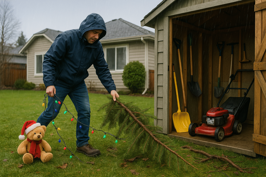 Your Complete BC Lawn Care Calendar: Month-by-Month Guide to a Perfect Yard All Year Round π± 1 A BC homeowner clearing winter debris and maintaining lawn tools in January.