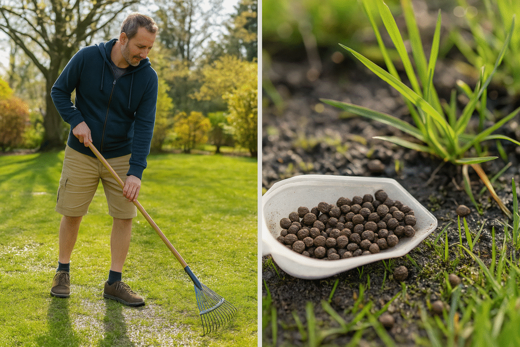 Your Complete BC Lawn Care Calendar: Month-by-Month Guide to a Perfect Yard All Year Round π± 3 Early spring lawn prep in BC including raking and moss control application.