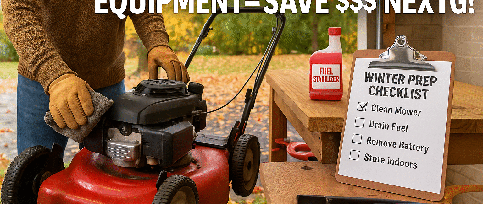 British Columbia homeowner preparing lawn mower and tools for winter storage with a checklist and maintenance supplies in a garage.