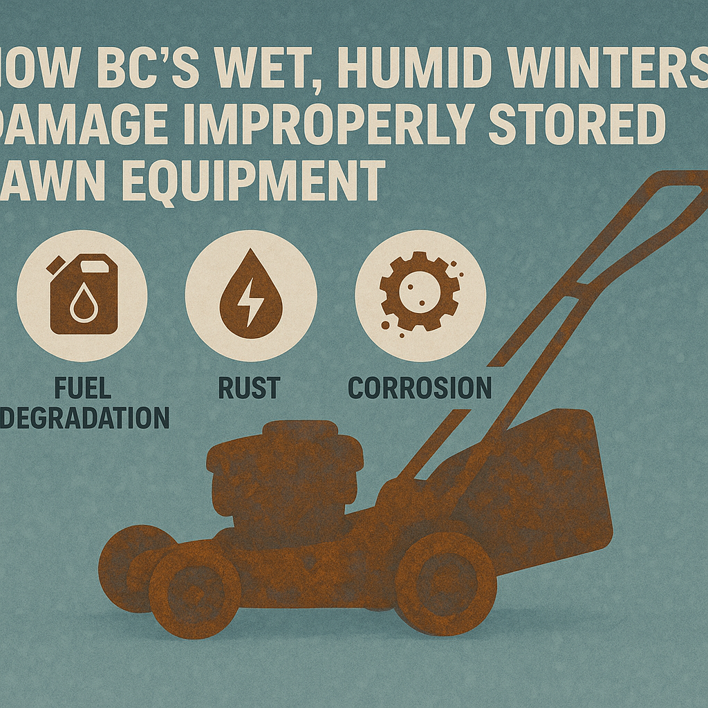 ❄️ Preparing Your Lawn Equipment for BC's Off-Season: Your Complete Winterization Guide 1 Visual explanation of how BC’s winter climate damages improperly stored lawn equipment.