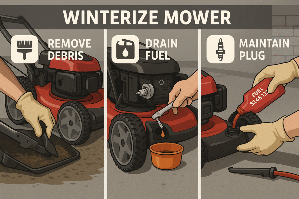 ❄️ Preparing Your Lawn Equipment for BC's Off-Season: Your Complete Winterization Guide 2 Step-by-step view of winterizing a mower in a BC garage showing cleaning, draining fuel, and plug maintenance.