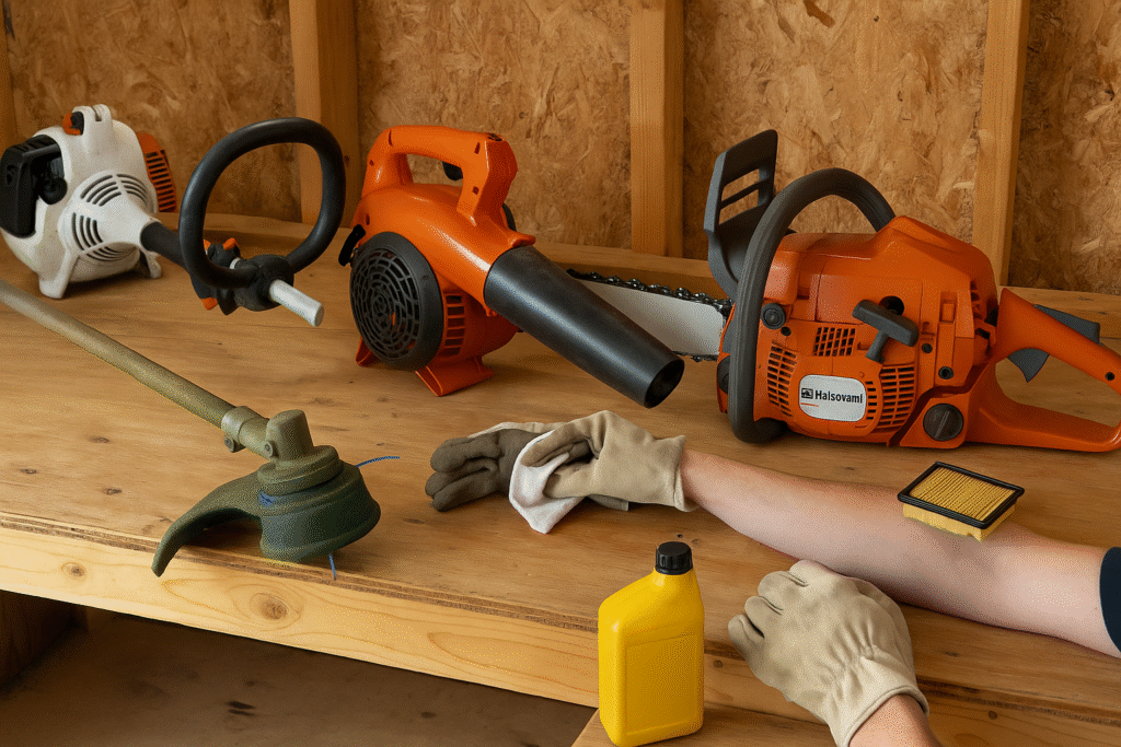 ❄️ Preparing Your Lawn Equipment for BC's Off-Season: Your Complete Winterization Guide 3 British Columbia homeowner cleaning and prepping small lawn equipment for winter storage.