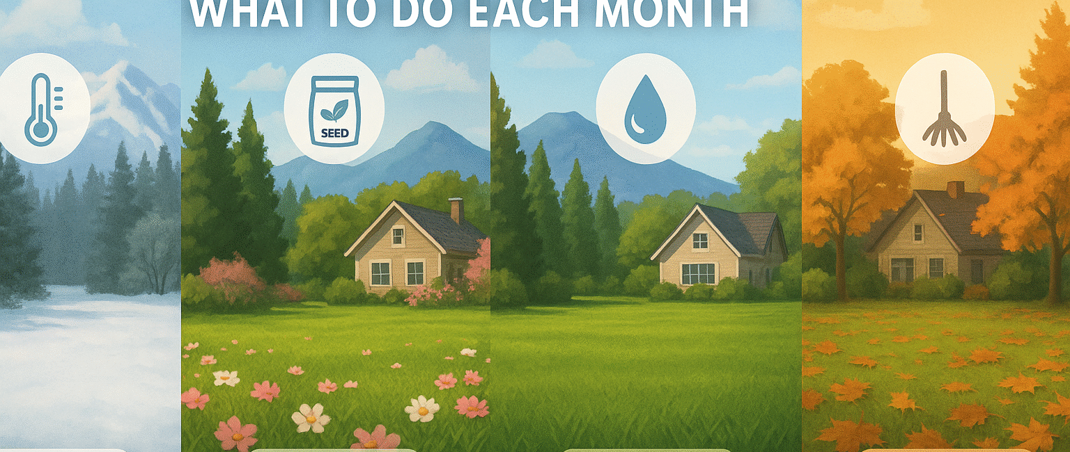 A BC residential lawn shown in four seasonal stages with monthly icons representing lawn care tasks throughout the year.