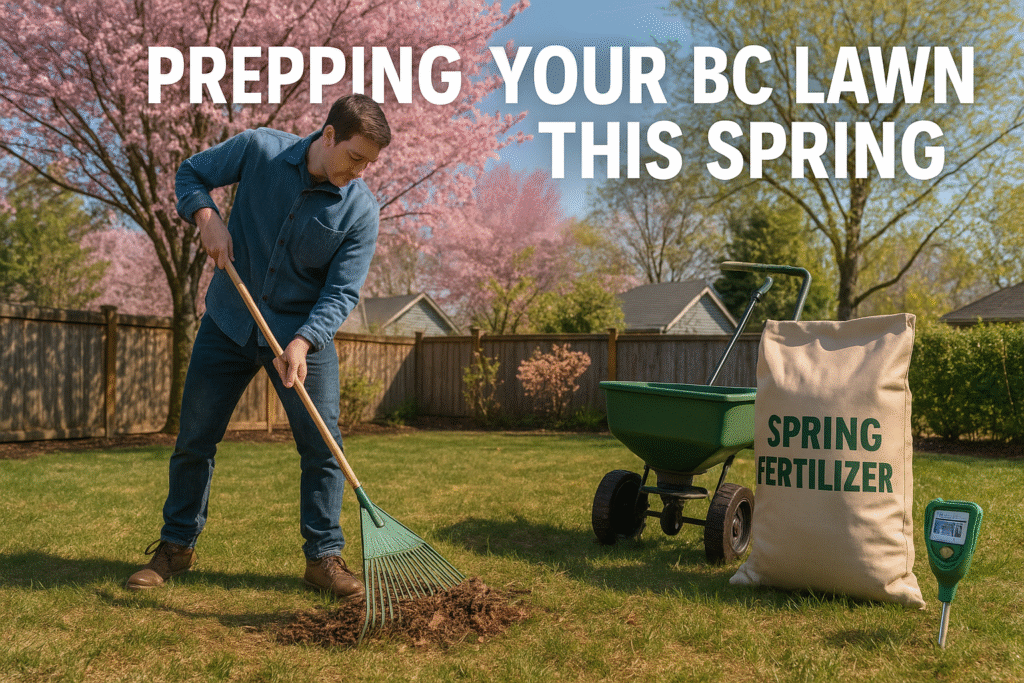 The Complete Year-Round Lawn Care Calendar for BC: Your Ultimate Guide to a Perfect Lawn π± 1 A BC lawn being prepped in spring with raking, fertilizing, and soil testing in progress.