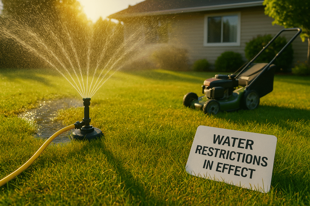 The Complete Year-Round Lawn Care Calendar for BC: Your Ultimate Guide to a Perfect Lawn π± 2 A BC homeowner managing lawn during summer with proper watering, mowing, and heat-stress protection.