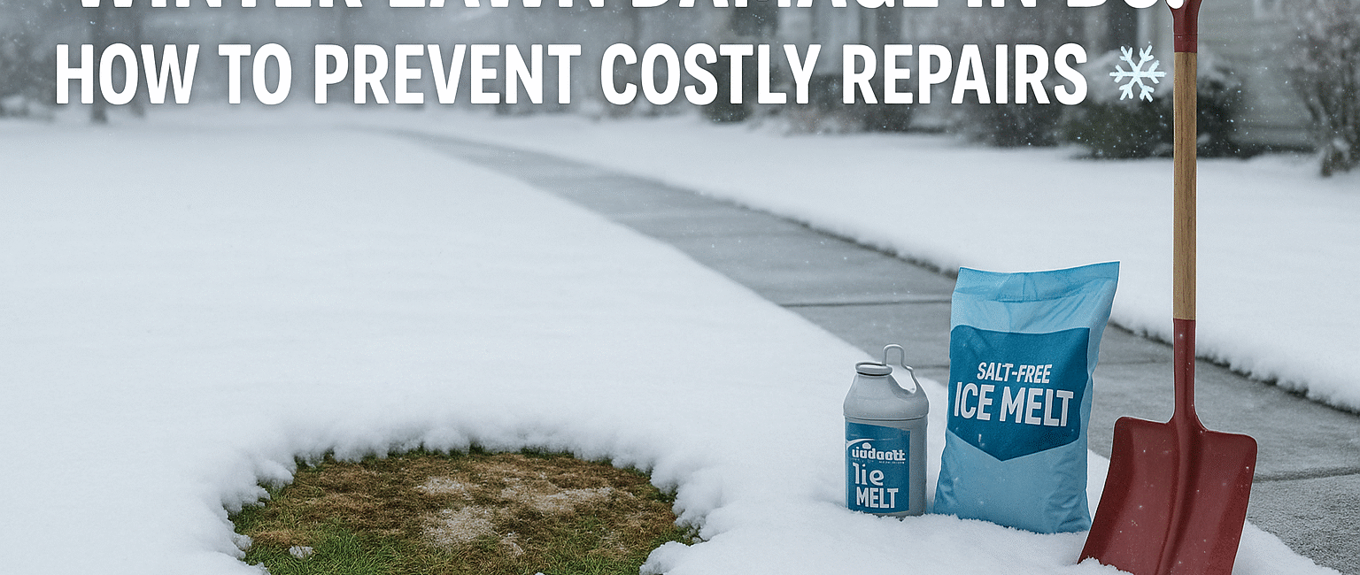 Snow-covered lawn in British Columbia showing early signs of snow mold and compacted grass with nearby snow removal tools.