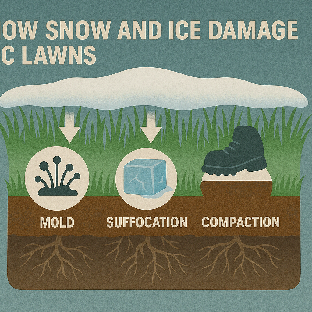 How Snow and Ice Impact Your Lawn in British Columbia—and How to Minimize Damage ❄️ 1 Visual explanation of how snow and ice damage BC lawns, including mold, suffocation, and compaction.