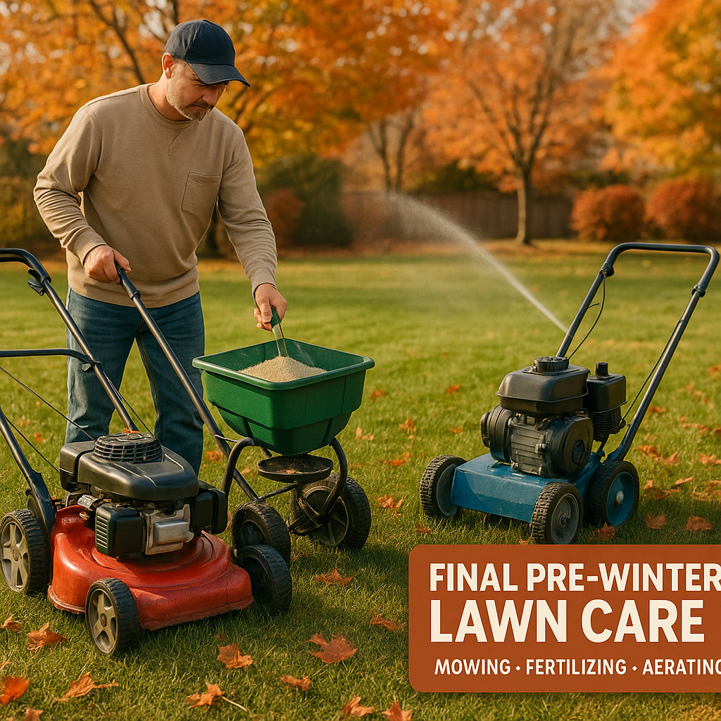 Winter Lawn Care Tips to Protect Your Grass in BC βοΈπ± 2 A homeowner in BC performing final pre-winter lawn care: mowing, fertilizing, and aerating before winter.