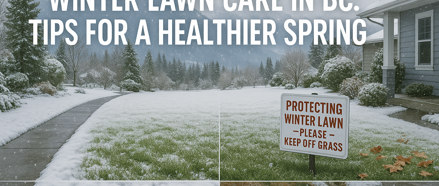 A well-maintained BC residential lawn during winter with snow cleared, proper drainage, and signs of protective lawn practices.