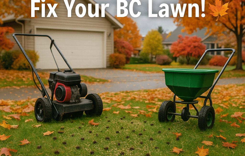 BC homeowner aerating and overseeding their lawn during fall with colorful leaves and seed spreader visible.