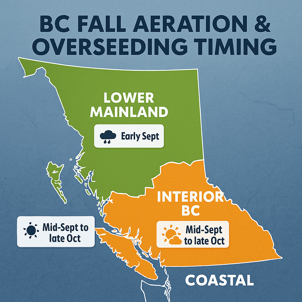 Why Fall Is the Best Time to Aerate and Overseed Your Lawn in BC π 3 BC region map showing fall aeration and overseeding timing for optimal lawn results.