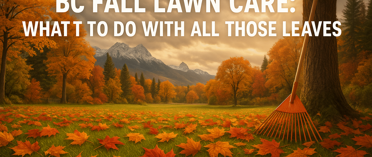 A scenic BC yard in fall with fallen leaves covering the grass, a rake nearby, and distant mountain views under moody autumn skies.
