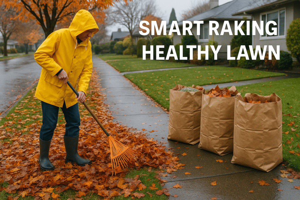 Mulching mower chopping fall leaves into small pieces on a suburban BC lawn with maple and birch trees.