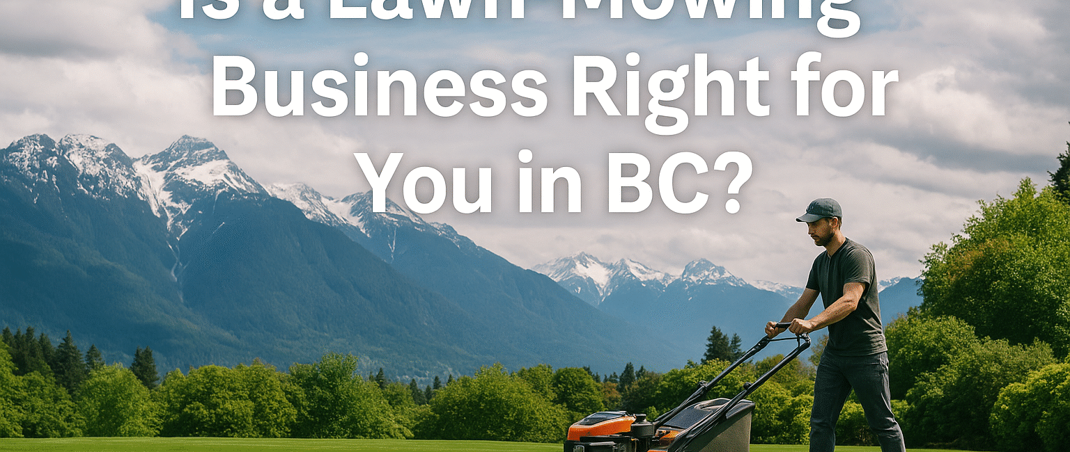 Scenic British Columbia lawn with mountains and a person mowing under variable weather.