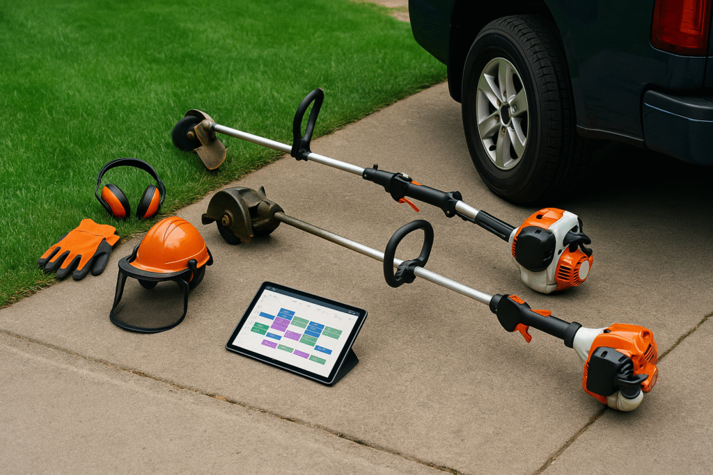 Lawn care gear and digital tools ready next to a truck in BC.